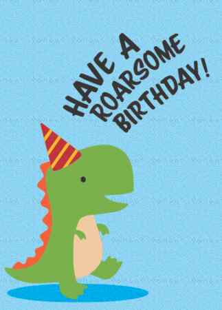 cartoon dinosaur wearing party hat birthday card
